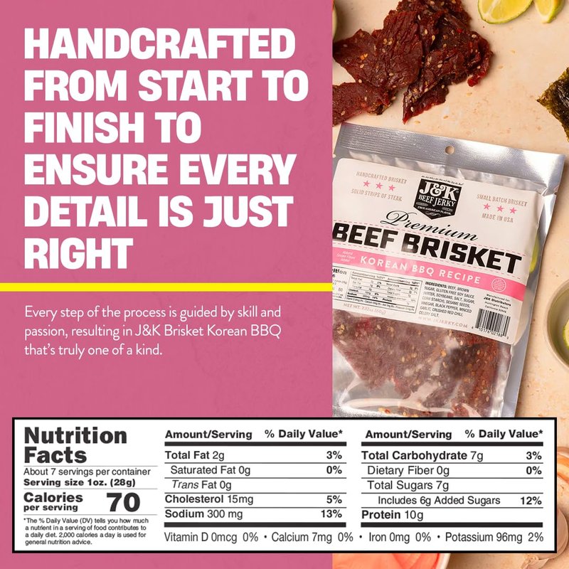 J&K Beef Brisket Jerky - Korean BBQ Flavor - Handcrafted & Tender - 7oz Big Bag