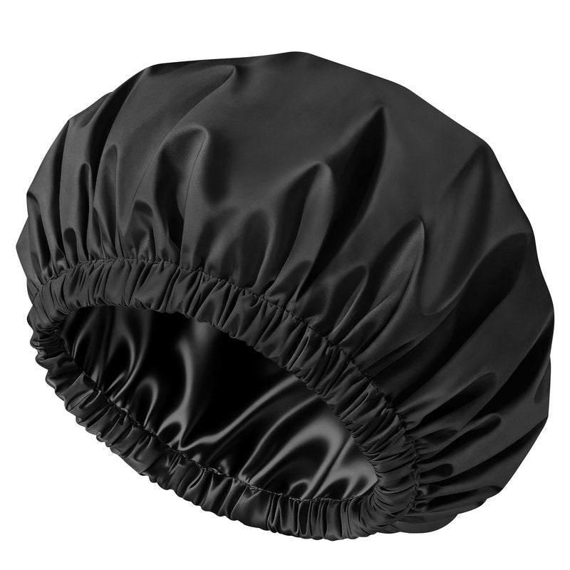 Doitory Shower Cap for Women, Reusable Waterproof Shower Cap Satin Lined with Soft Elastic Band, Large Washable Bath Caps(Black)