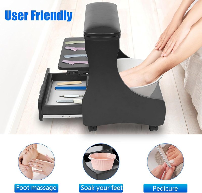 Portable Foot Rest Pedicure Trolley - 4 Wheels with Brakes, Practical Drawer | Black Spa Cart for Beauty Salons