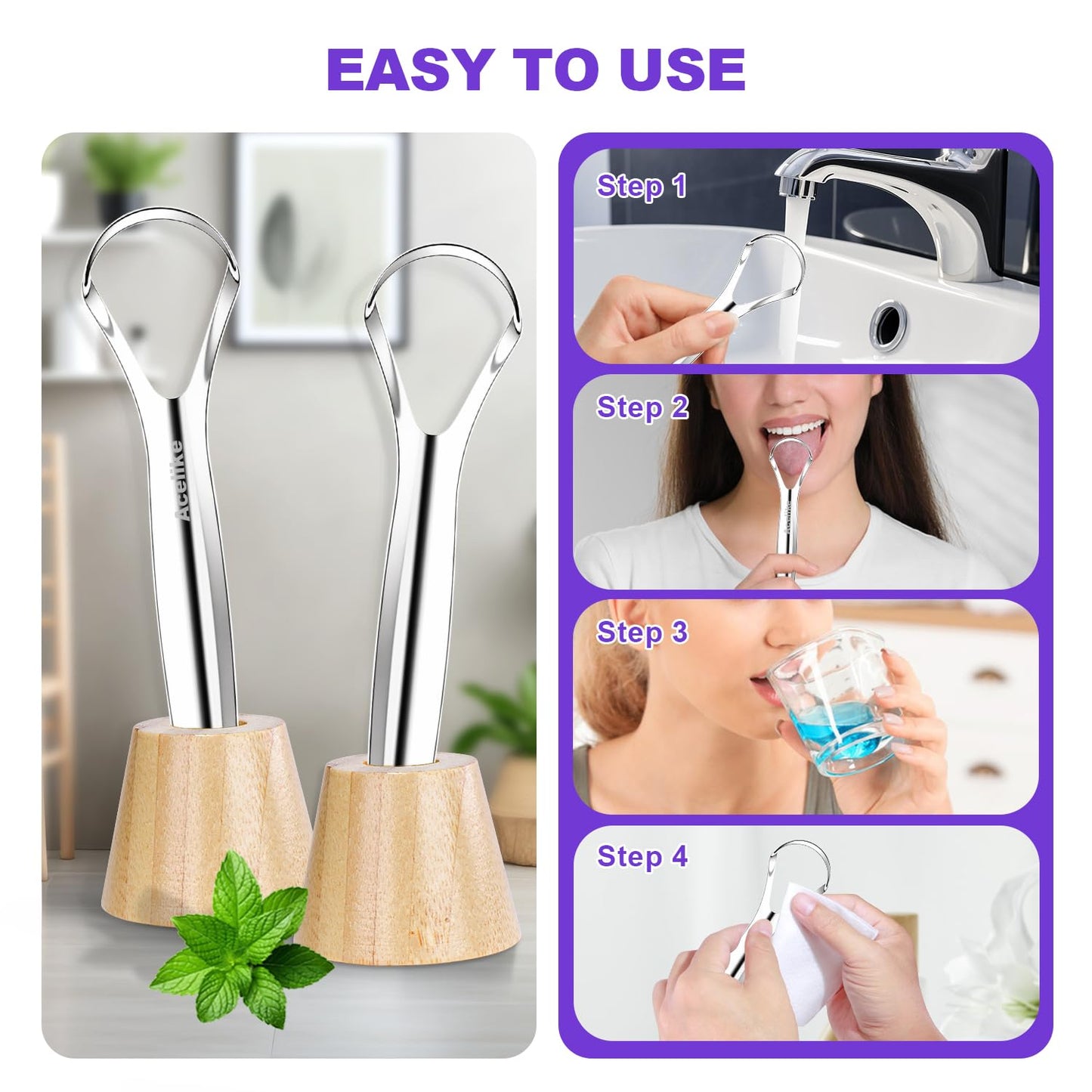 Tongue Scraper for Adults (2 Pack), 2 Bamboo Holder and 2 Travel Case, 100% Stainless Steel Tongue Scraper, Reducing Bad Breath, Tongue Cleaner for Oral Care & Hygiene, Home and Travel Use