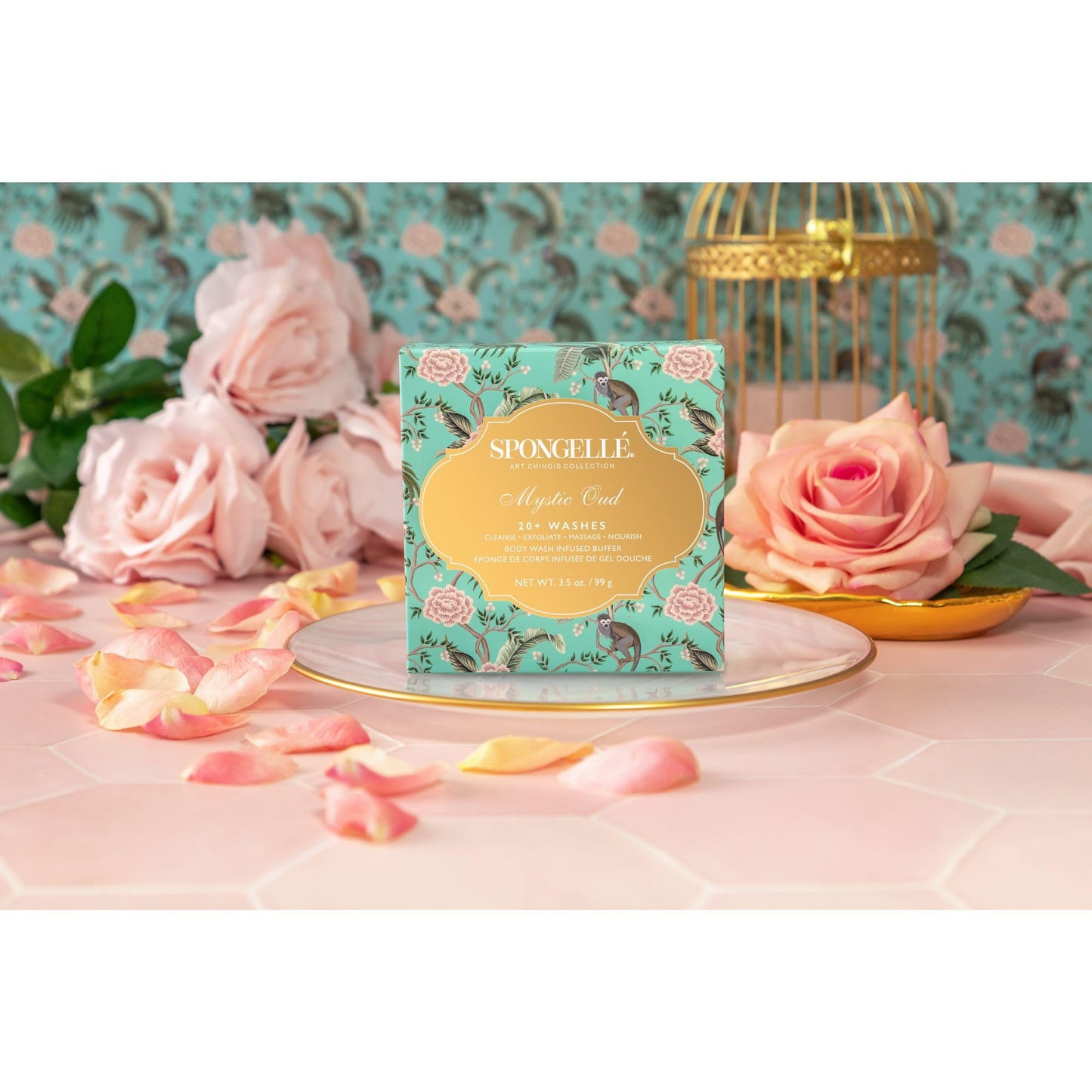 Spongellé Art Chinois Body Wash Infused Luxury Bath Buffer – Cleanses, Exfoliates, Massages & Nourishes Skin – All‑in‑One Aromatic Bath Sponge for 20+ Washes, Mystic Oud