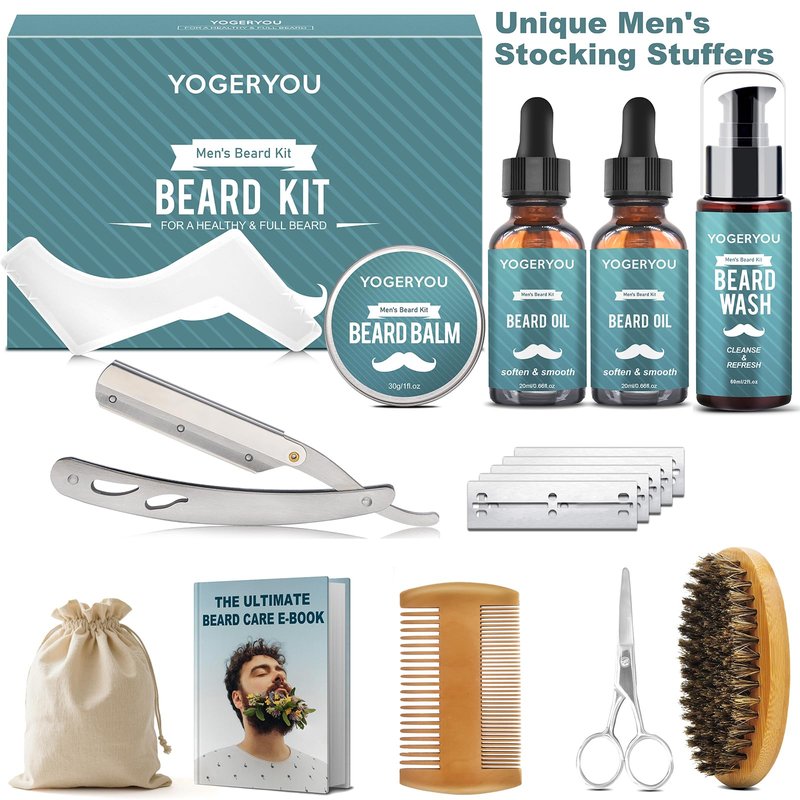 Beard Kit,Beard Grooming Kit for Men W/Straight Razor,2 PACK Beard Oil, Wash, Balm, Brush, Comb, Scissors Mens Birthday Christmas Gifts for Men Boyfriend Husband Beard Trimming Shaving Kit