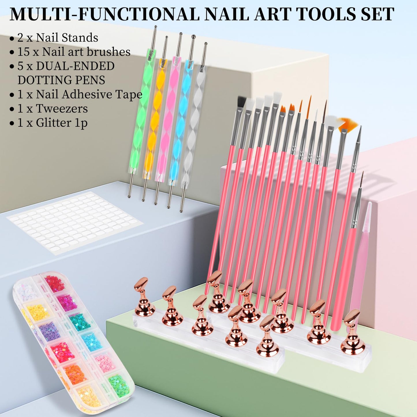 vivinin 25PCS Nail Art Tools Set, Includes Nail Art Brushes, Nail Stand, Dotting Tools, Striping Liner Fingernail Drawing Pens, Jelly Glue, tweezers, Sequins, Professional Nail Art Supplies Kit