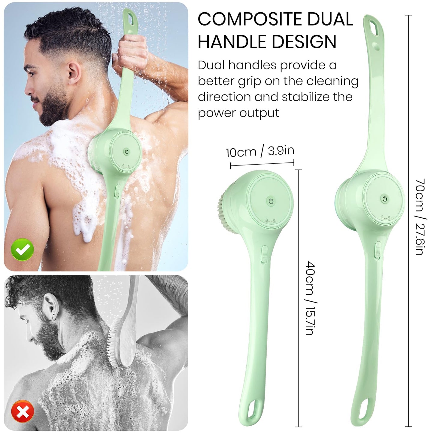 Electric Body Brush, Auto Spinning Back Scrubber for Shower, USB Rechargeable Bath Brush with Dual Long Handle, 5 Replaceable Heads, Waterproof Exfoliating Massage Brush for Skincare, Spa and Bath