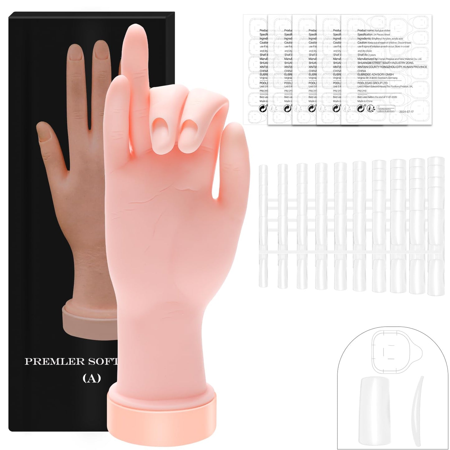 Zhaoyao Practice Hand for Acrylic Nails, Nail Practice Hand with 100 Pcs Nail Tips 120 Pcs Double-side Jelly Glue Stickers Bendable Fake Hand Mannequin Hand for Nail Practice Manicure Beginners