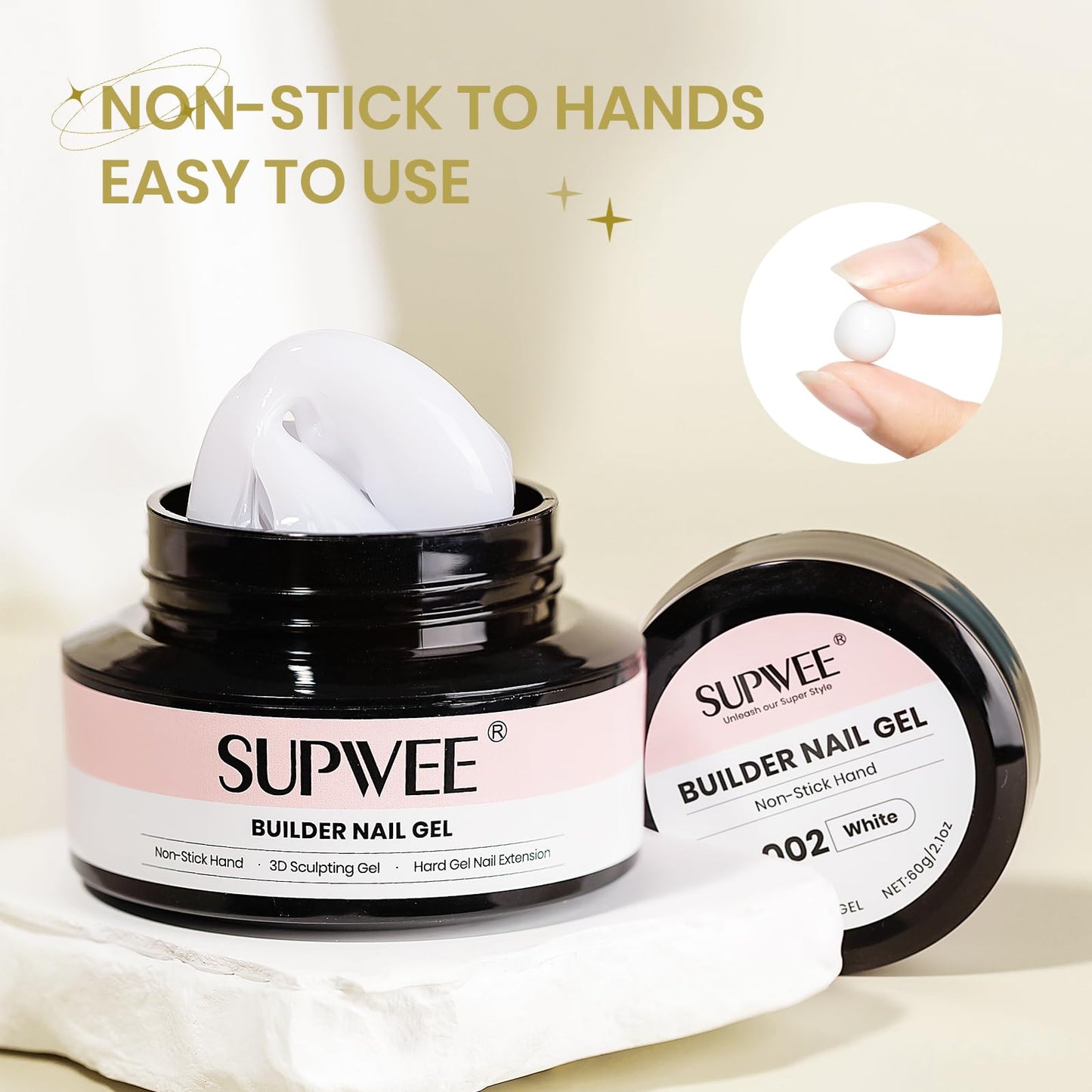 SUPWEE 3D Gel Nail Art, 60g Large Capacity White Sculpting Hard Solid Builder Gel Non-Sticky Hand Molding Nails for Extension Carving Home DIY Manicure with Chrome Powder DIY at home