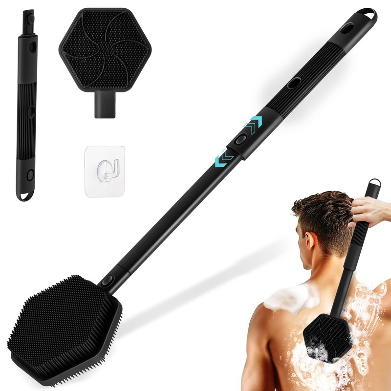 GEENOA Silicone Back Scrubber for Shower, 16''-21''Extendable Shower Back Scrubber with Dual-Side Large Brush Head, 3-Length Back Brush Bath Brush with Strong Handle & Rich Foaming Bristles(Black)