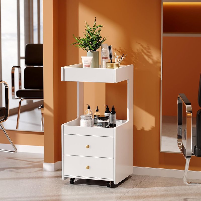 OmySalon Salon Trolley Cart, Esthetician Cart with Wheels, Hair Styling Station with 2 Drawers, 1 Open Shelf, Mobile Storage Cabinet Utility Trolley for Beauty Salon Spa, White