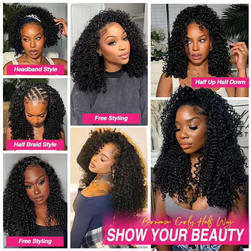 Larhali Half Wig Human Hair Glueless Wigs Upgrade 3 IN 1 Half Wig With Drawstring Seamless Clip Ins Flip Over Burmese Curly Human Hair No Glue No Lace For Women 200% Density (Natural Color, 16inch)