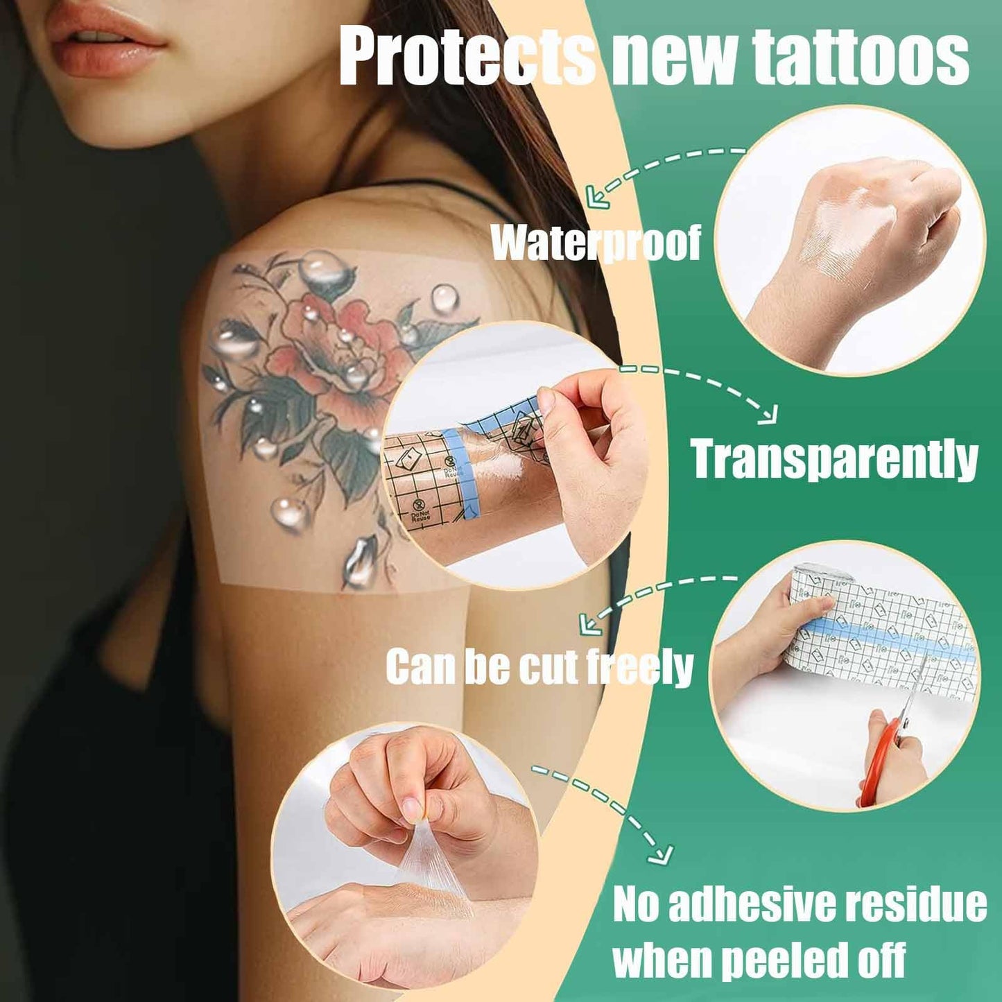 Upgraded Version Waterproof Bandage Transparent Film, Tattoo Aftercare Bandage Roll, Supplies for Convenient, Faster Tattoo Healing and Protection, Waterproof,Flexible 6 in x 8 yd