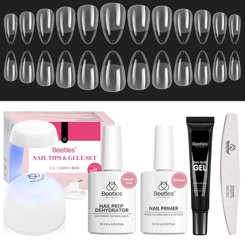 Beetles Gel Nail Kit Short Almond Gift Spree, with Dehydrator and Primer, 576Pcs Half Matte Etch-X Gel Nail Tips Solid Nail Glue Mini Lamp Acrylic Tips Easy DIY Extension Set Gift for Women