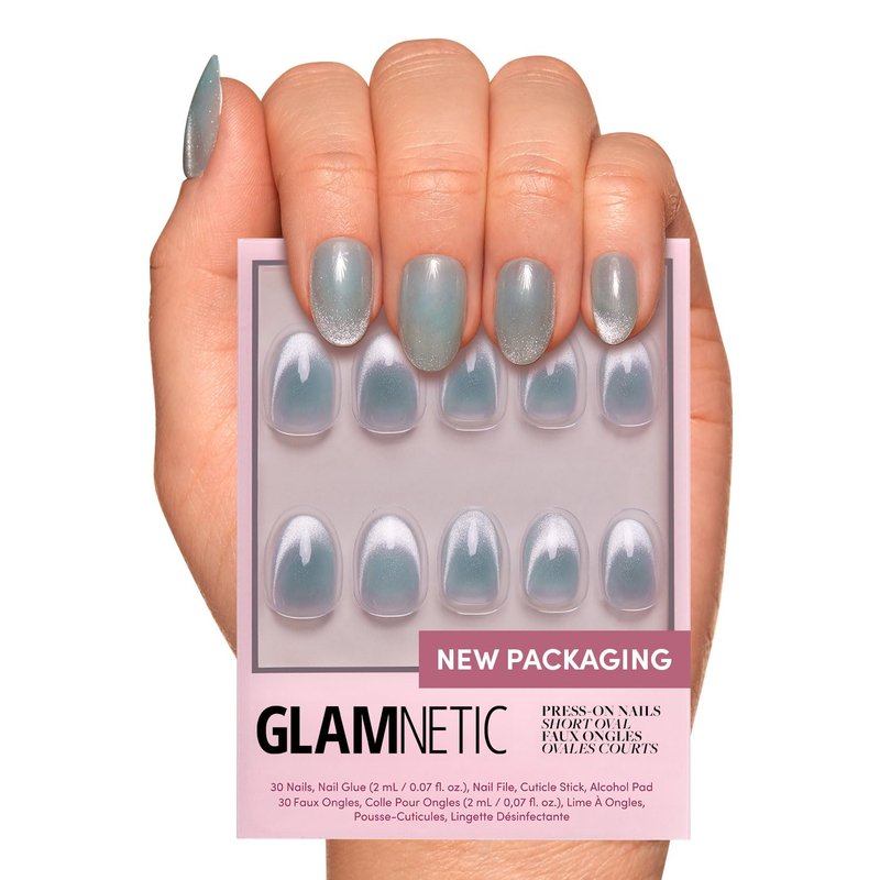 Glamnetic Press On Nails - Unicorn Tears | Short Oval Misty-Grey Nails with Metallic Finish | 30 Nail Kit with Glue
