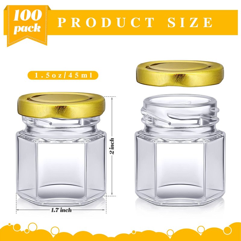 Nuogo 100 Pack 1.5oz Mini Hexagon Glass Jars Bulk for Wedding Small Honey Jars with Lids Spice Jars Canning Jars Mason Jars for Gifts Candy Honey Wedding Party Favors DIY Crafts