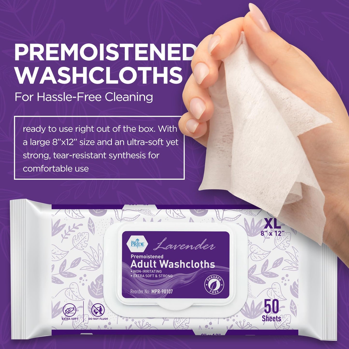 MED PRIDE Premoistened Disposable Washcloths for Adults 8 X 12 in | Ultra-Soft, Paraben-Free, Rinse Free | Lavender Scent | Pack of 600