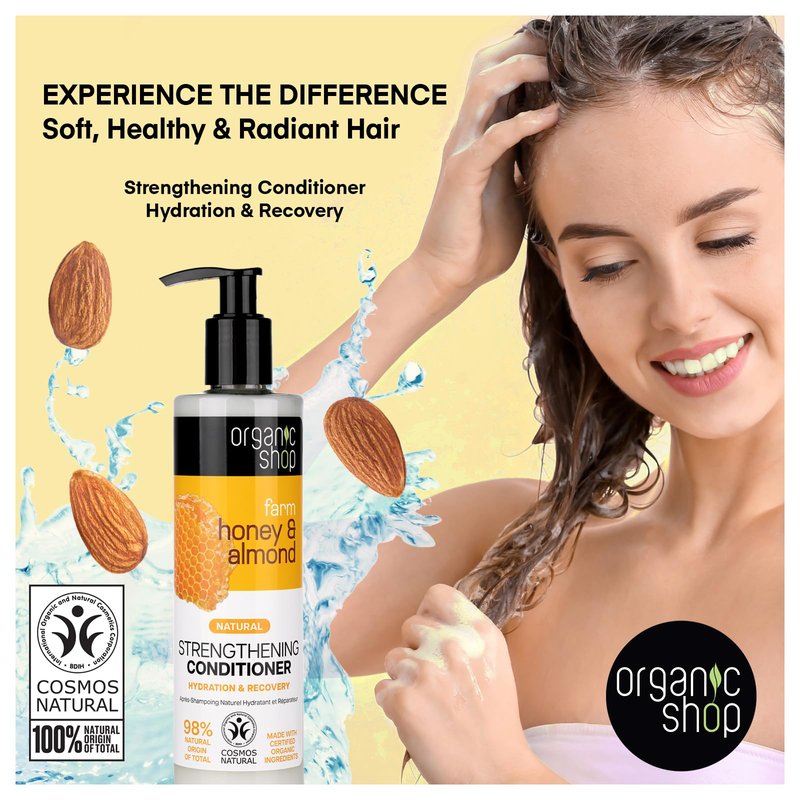 Organic Shop Honey & Almond Hair Strengthening Shampoo & Conditioner Hydrate Moisturizing Restorer, Softens & Deeply Hydrates Dry Damaged Hair, Paraben-Free, Sulfate-Free. 100% Vegan - Organic. Pack-2