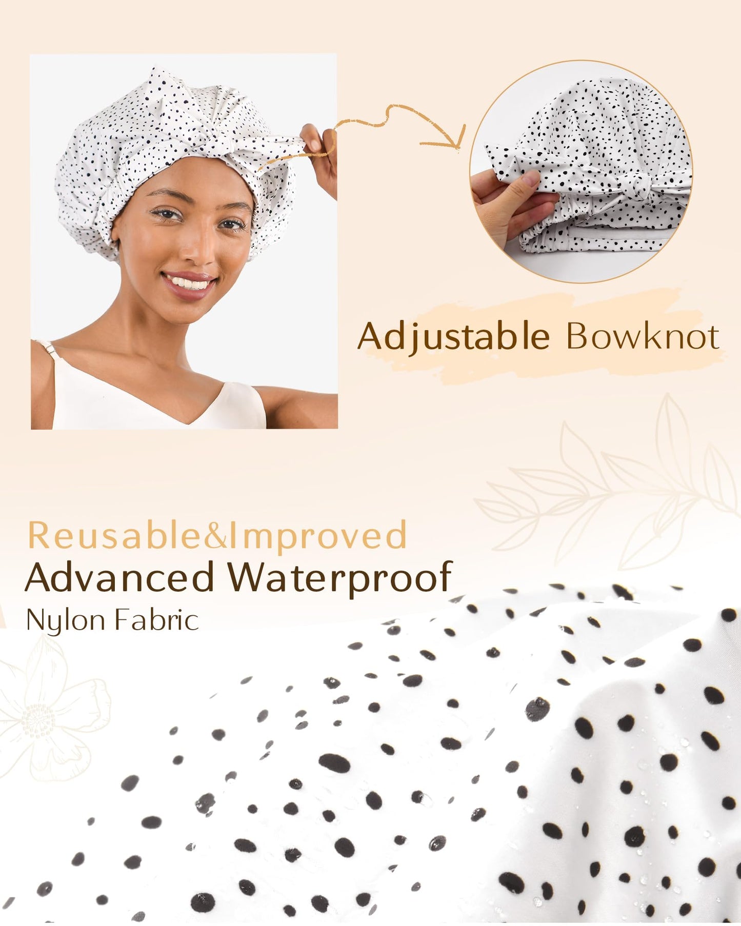 Yanibest Shower Cap for Women Reusable Waterproof, Adjustable Non-Slip Shower Hair Cap, Washable Bath Hat for Long Hair