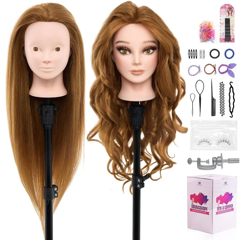 Skiennix 28" Mannequin Head - 80% Real Human Hair for Makeup Practice & Cosmetology Training