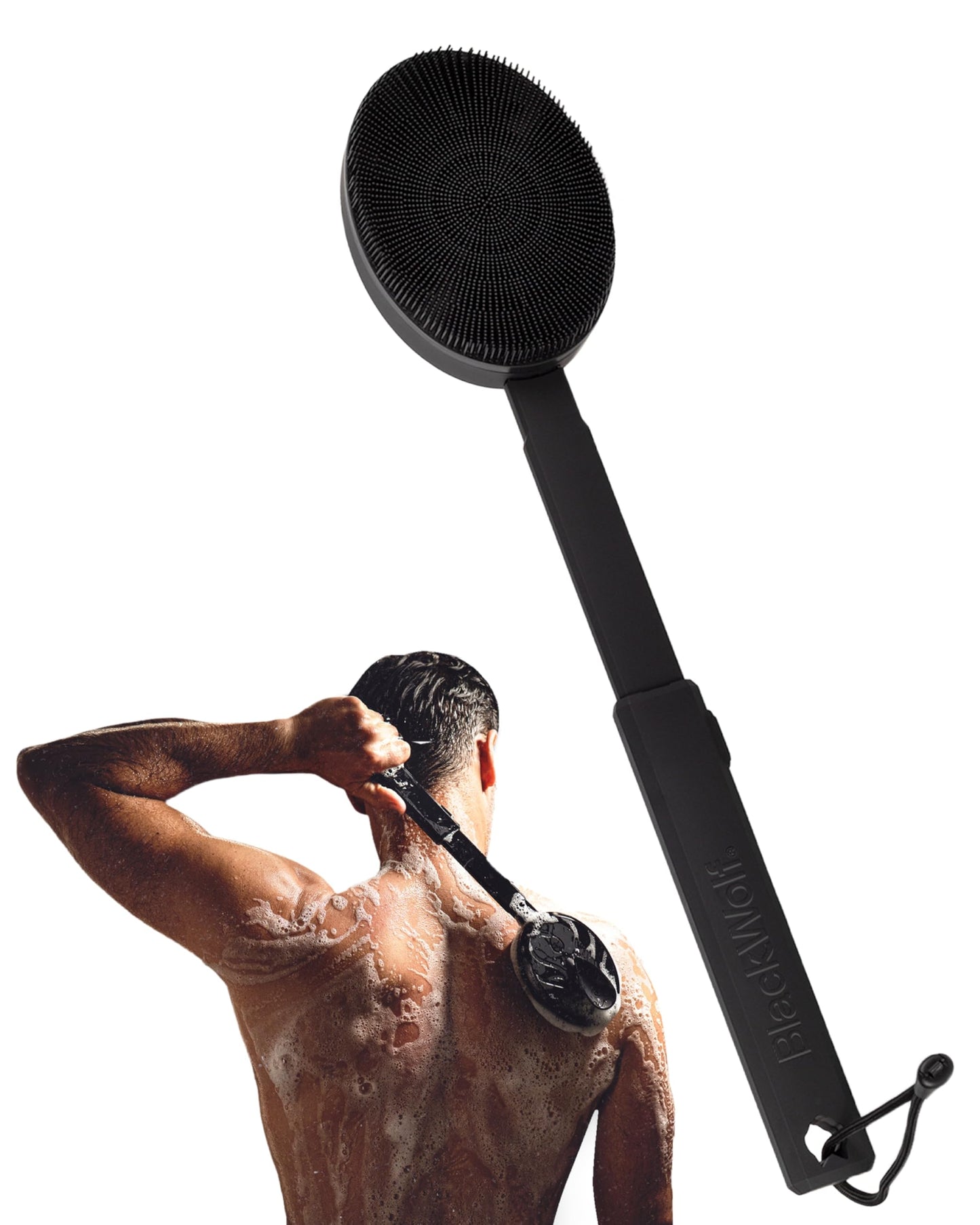 Black Wolf Silicone Body Scrubber & Exfoliator - Vibrating Loofah Shower Scrubber Brush with Handle Extension for Back - Deep Cleaning & Exfoliating Body Scrub - Bath Hygiene Essentials - Men & Women