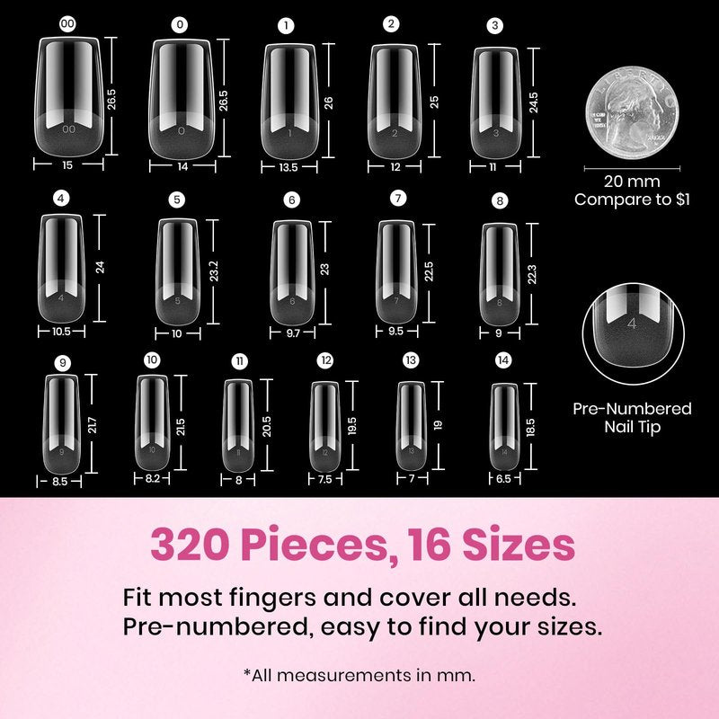 Beetles Gel Nail Tips Flat-X- Square Medium, 320pcs 16 Sizes(00-14), Pre-Etched Half Matte Full Cover Soft Gel Nail Tips, Clear Press on False Nail Extension Acrylic Fake Nails, Easy DIY Salon Art