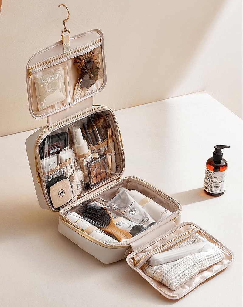 EACHY Toiletry Bag - Waterproof Makeup Organizer with Hanging Hook | Full-Size PU Leather in Beige