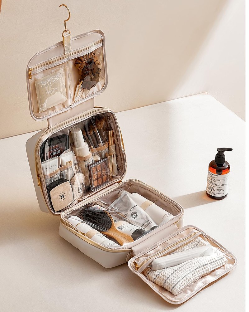 EACHY Travel Toiletry Bag with Hanging Hook, Portable Makeup Cosmetic Bags for Women, Water-Resistant Full-Size Travel Accessories (Plait White)