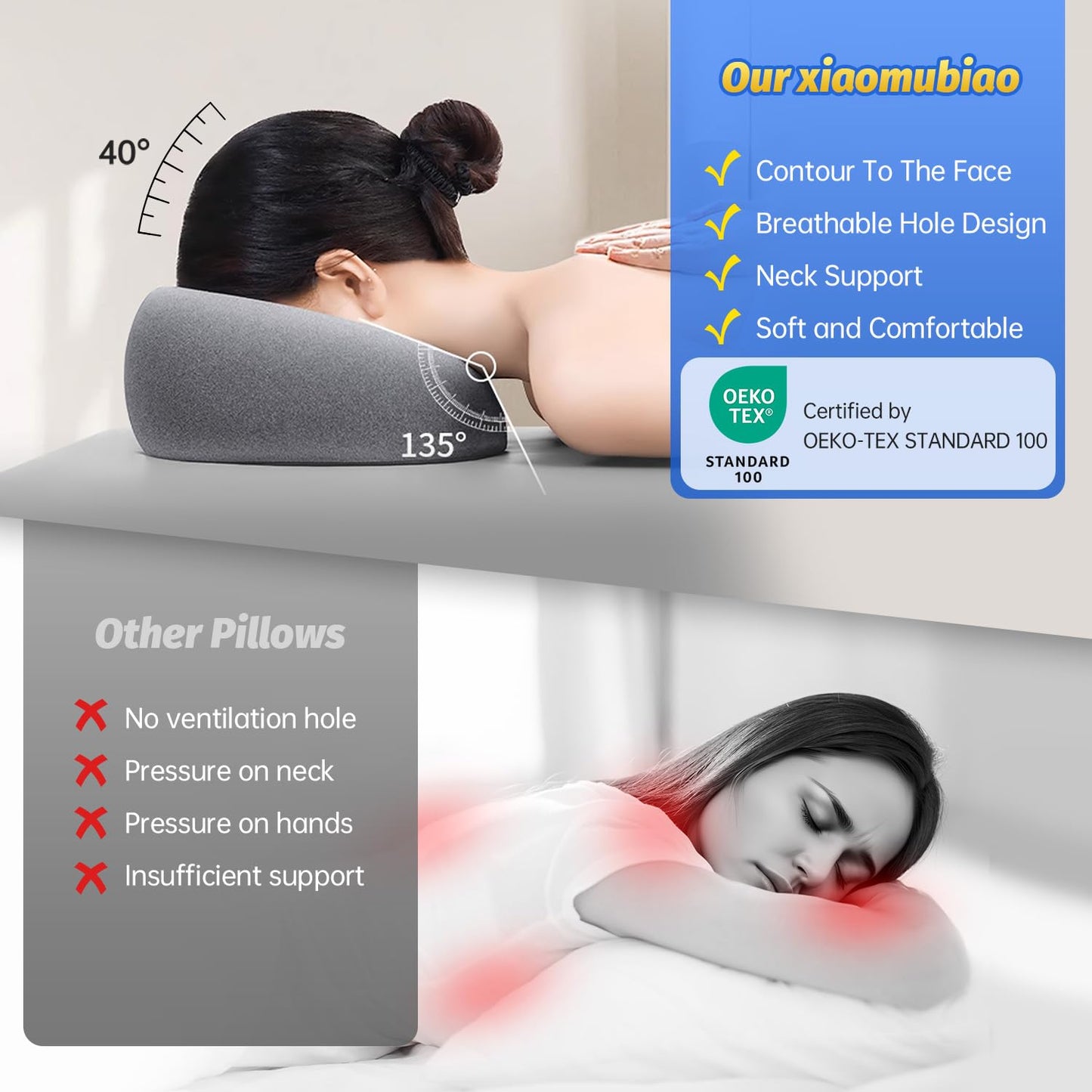 Xiaomubiao Face Down Pillow - Comfortable Massage Headrest for Stomach Sleeping | Grey Removable Cover