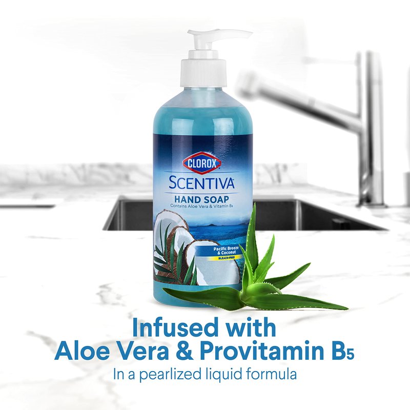 Clorox Scentiva Liquid Hand Soap, Pacific Breeze and Coconut Scent - Bleach-Free Scented Hand Wash with Aloe Vera and Provitamin B5 for Kitchen or Bathroom, 14 Fl Oz - 12 Pack
