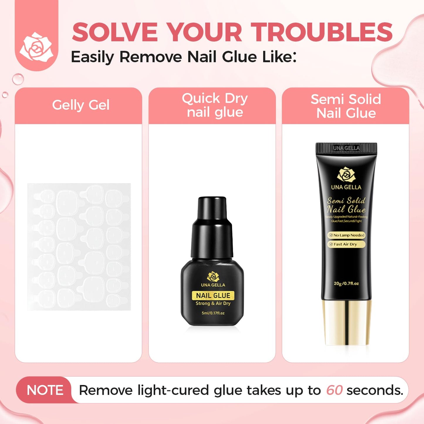 UNA GELLA Press On Nail Glue Remover Built-in-crowbar 30ML Acetone-Free Gentle Soak Off Gel Nail Glue Polish Remover for Nail Tip Adhesive Glue Easily Home DIY Not for U/V Nail Polish
