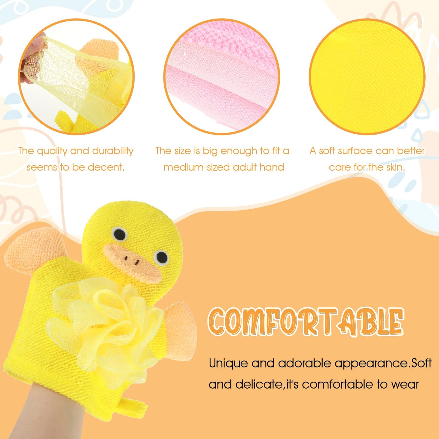 Qianyu 3pcs Bath Mitt Washcloth Glove Exfoliating Glove Body Scrubber Cute Cartoon Design Exfoliating Glove Gentle Soft Scrub Loofah Bath Sponge for Kid Shower Washing Easy Lather (Yellow/Green/Pink)