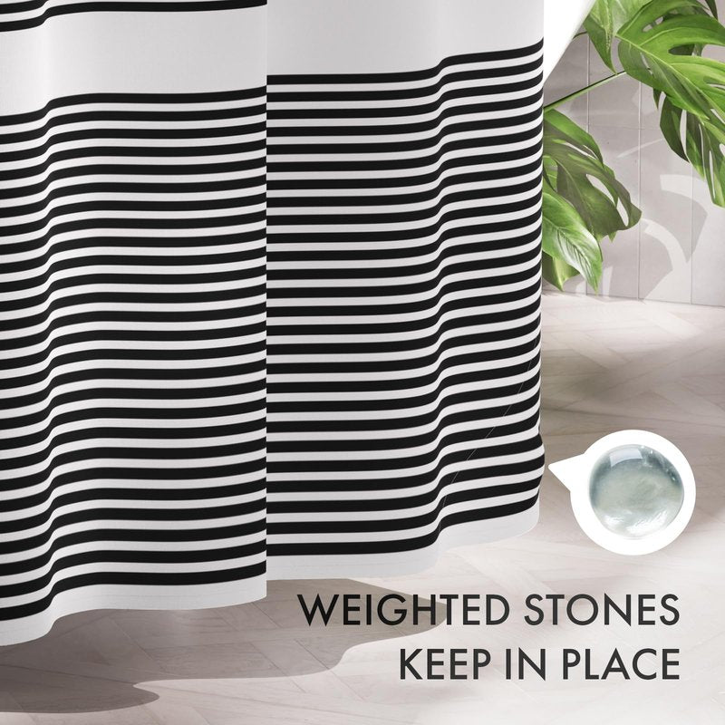 AmazerBath Shower Curtain, Washable Cloth Black Shower Curtain Sets with 12 Shower Curtain Hooks, Fabric Rustic Black and White Striped Curtain, Farmhouse Bathroom Curtains, 72x72 Inches