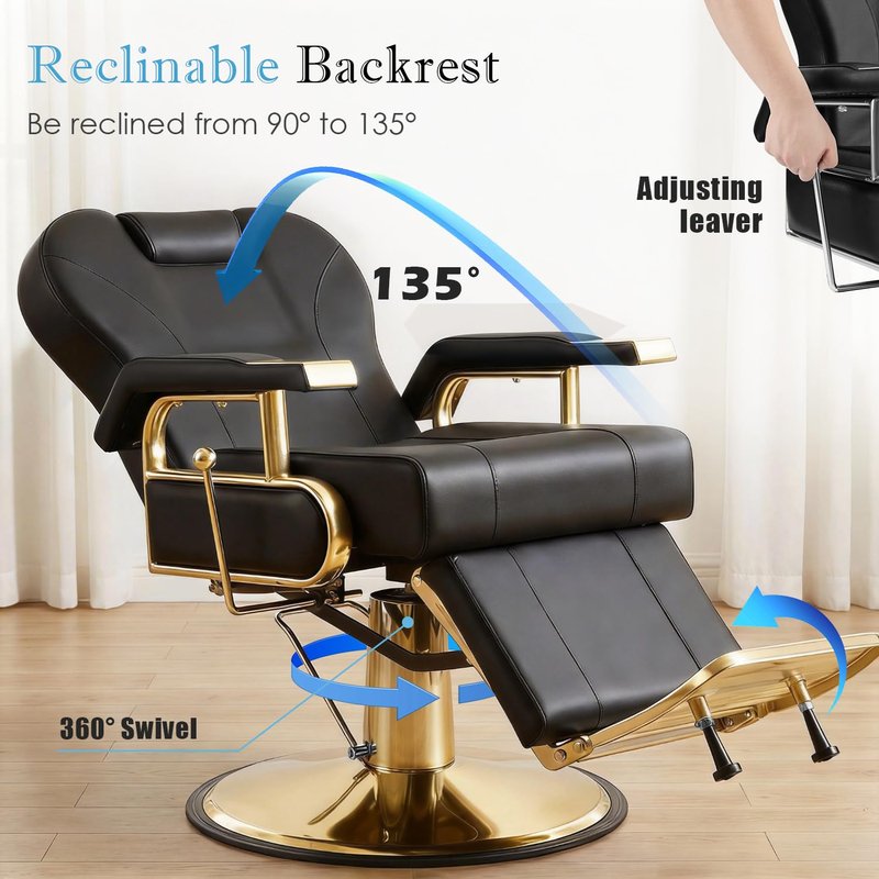 KIIUMI Barber Salon Chair, Black Gold Reclining Barbershop Chair, Heavy Duty Hydraulic Hair Stylist Armchair w/Footrest and Headrest, 360 ° Swivel Hairdresser Shampoo Spa Beauty Equipment