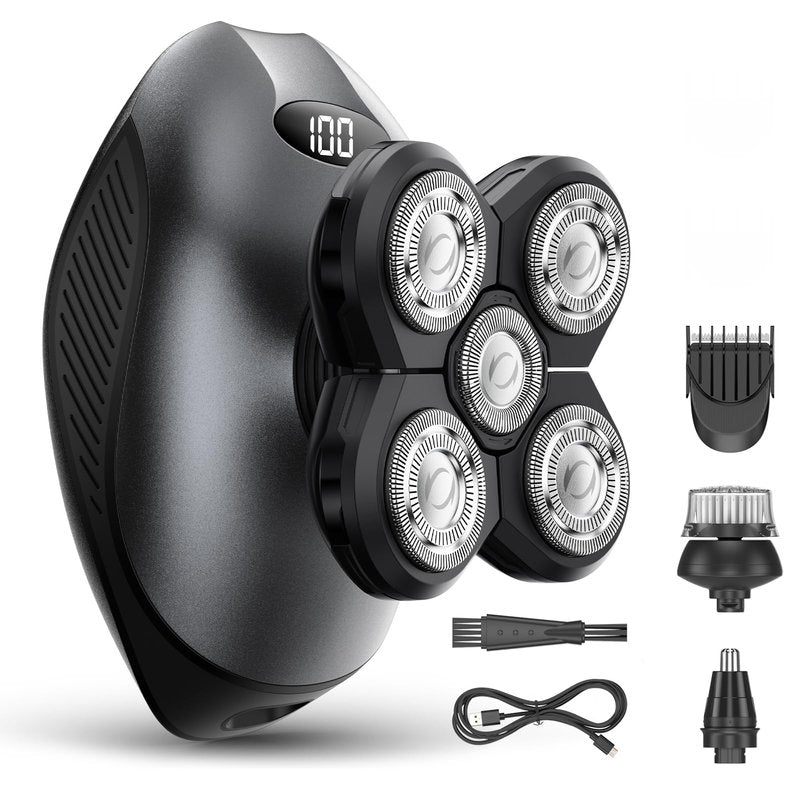 Electric Razor for Men, Head & Body Hair Shaver for Men, Cordless Rechargeable Wet/Dry Bald Head & Groin Waterproof Razor with Rotary Blades,Clippers, Beard Trimmer,Nose Trimmer, Brush (Gray)