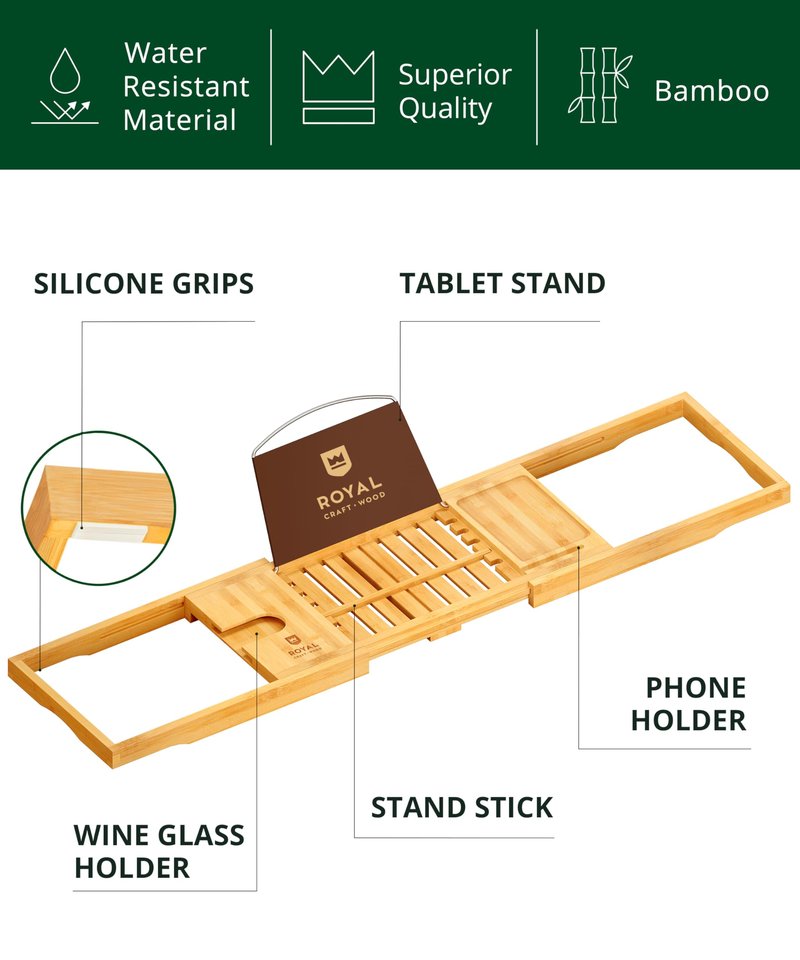 ROYAL CRAFT WOOD Premium Foldable Bathtub Tray Caddy - Wood Bath Tray for Tub, Bamboo Shelf, Expandable Bath Table Trays, Bathtub & Bathroom Accessories for New Home & Mothers, Birthday Gifts for Mom