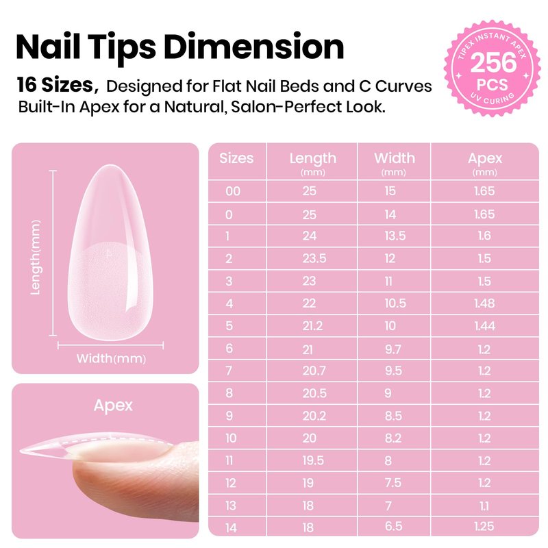 Beetles Tipex Lite Pre-Built Apex Gel Nail Tips, Almond Medium, 256pcs Value Pack, 16 Sizes, Flat-Nail Friendly Acrylic Tips for Natural Nail Beds, Easy for Beginner DIY