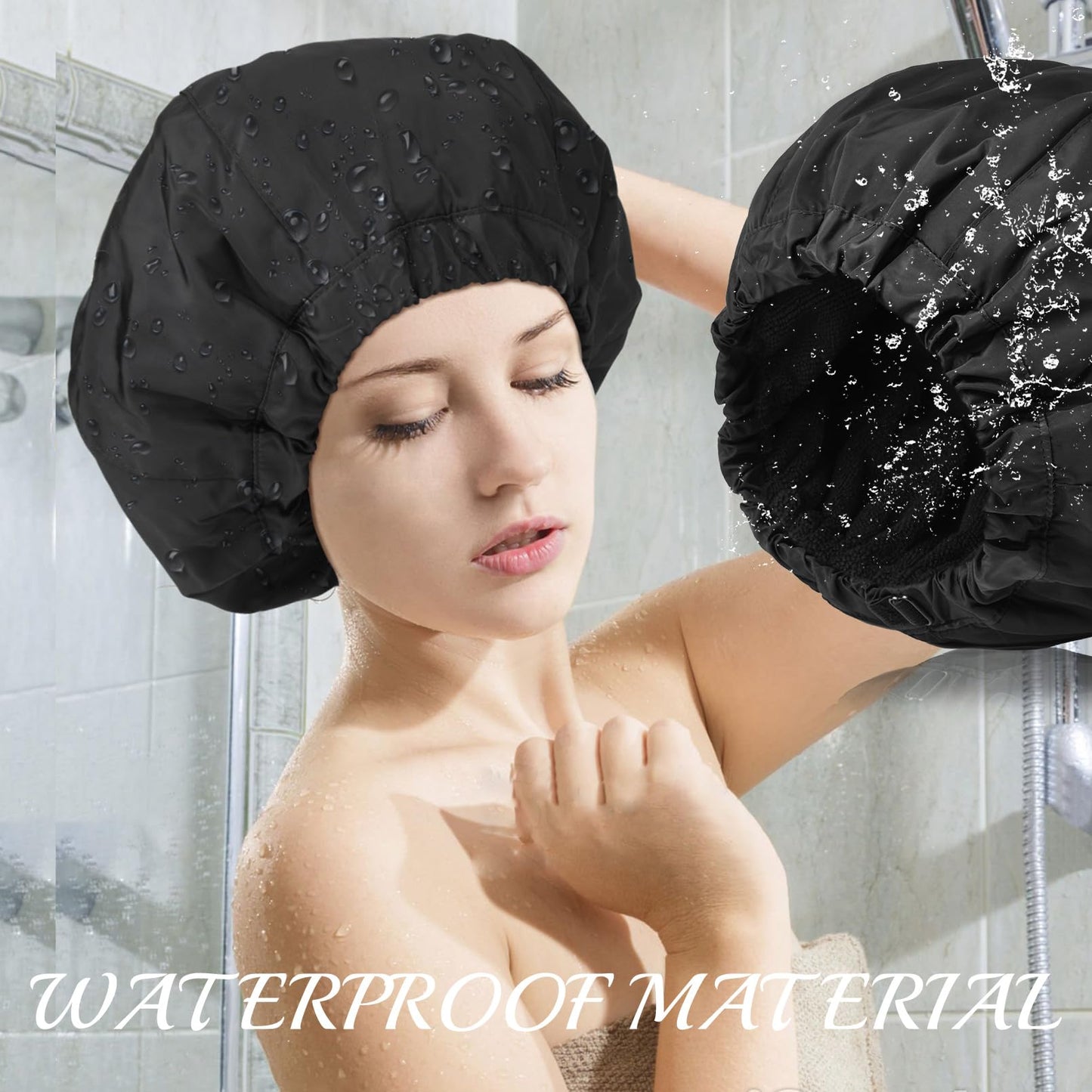 Shower Cap for Women Terry Lined Bath Cap Large Reusable Waterproof Elastic Band Pink Shower Caps for Long Thick Hair Soft Bath Shower Hair Caps