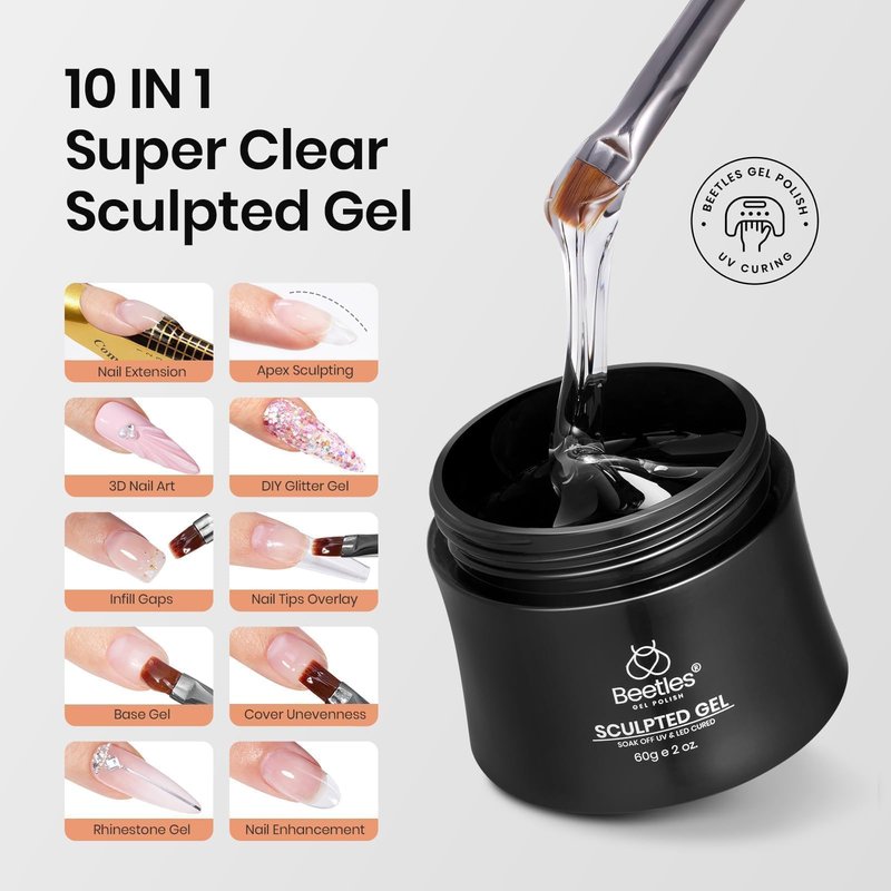 Beetles Hard Gel, 10 in 1 Large Capacity 60g Clear Scuplted Gel for Nail Extension,Sculpting & Overlays,Building,High Hardness with Nail Accessories for Pro Salon Use, LED & UV Lamp Needed