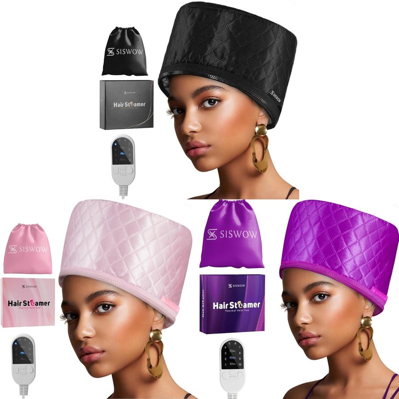 Hair Steamer for Natural Hair - 10-Level Adjustable Heat, Deep Conditioning Thermal Cap | Set of 3