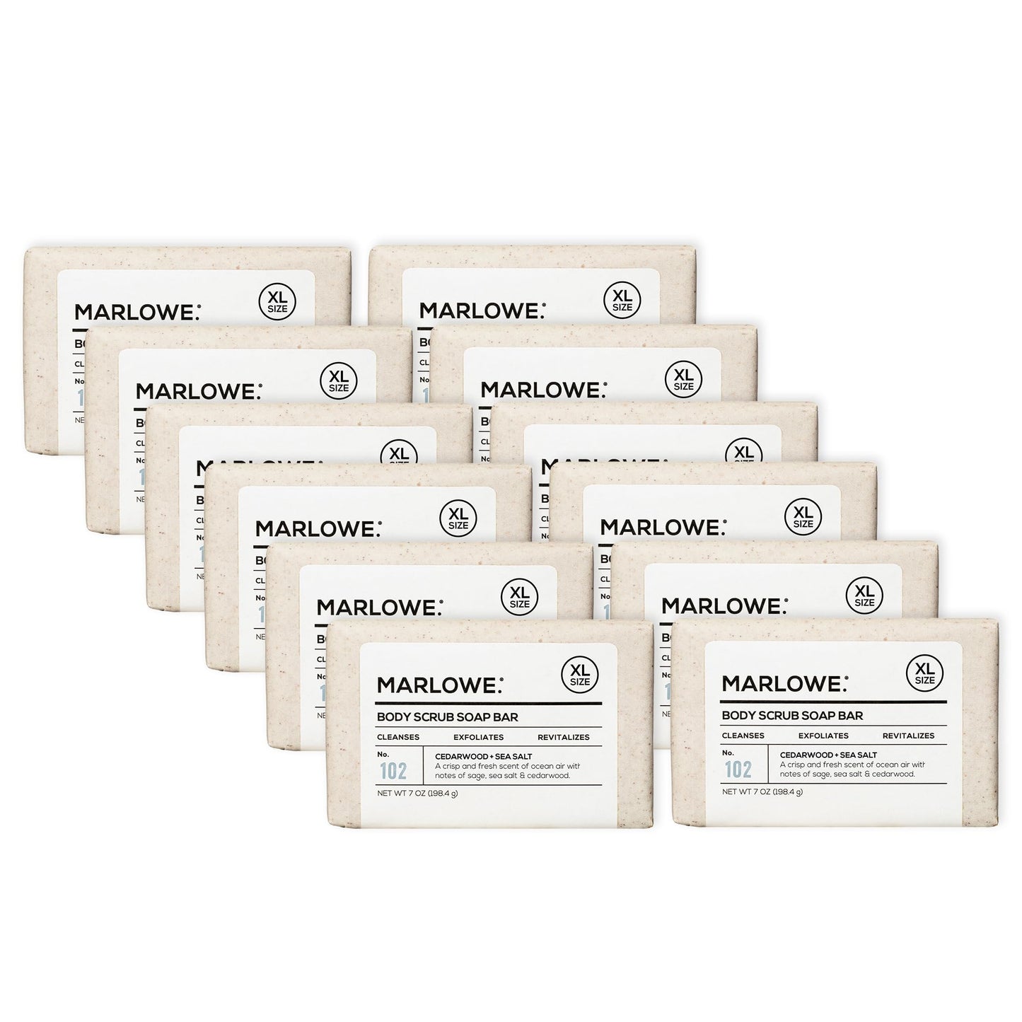 MARLOWE. No. 102 Body Scrub Soap 7 oz (12 Bars), Cedarwood & Sea Salt, Exfoliating Soap Bar with Shea Butter, Olive Oil & Green Tea Extracts, Cleanses, Smooths & Revitalizes Skin, Fresh & Zesty Scent