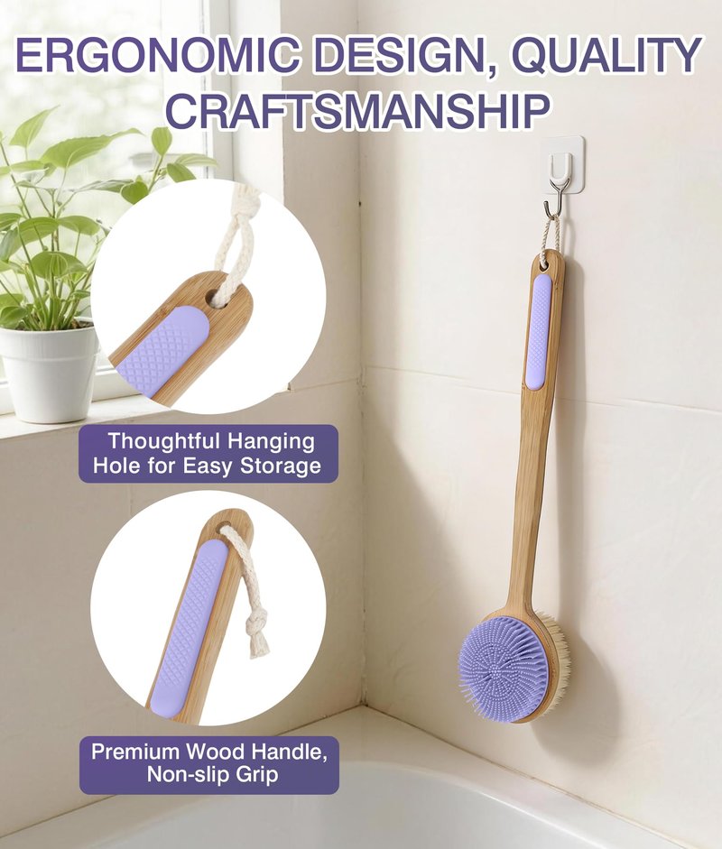 EaTubano Back Scrubber for Shower - Double-Sided Silicone and Super-Dense Bristles for Deep Cleaning & Exfoliation, Bamboo Long Handle with Wider Anti-Slip Grip, Rich Foam, Durable (Purple)