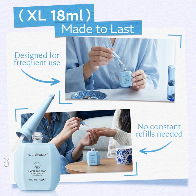 AZUREBEAUTY Matte Gel Top Coat 18ML Big Size, Chrome Proof Powder-Resist No Wipe Velvet Matte Finish Gel Top Coat for Nail Art Long Lasting UV LED