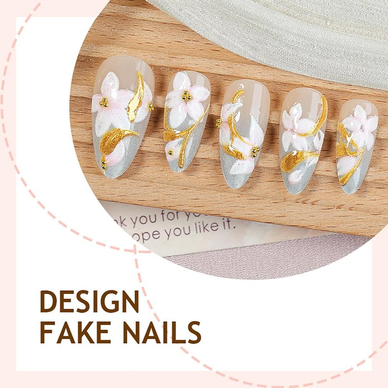 Flower Press On Nails - 24 Pcs Medium Almond 3D Floral Design with Gold Lines | Full Cover French Tip