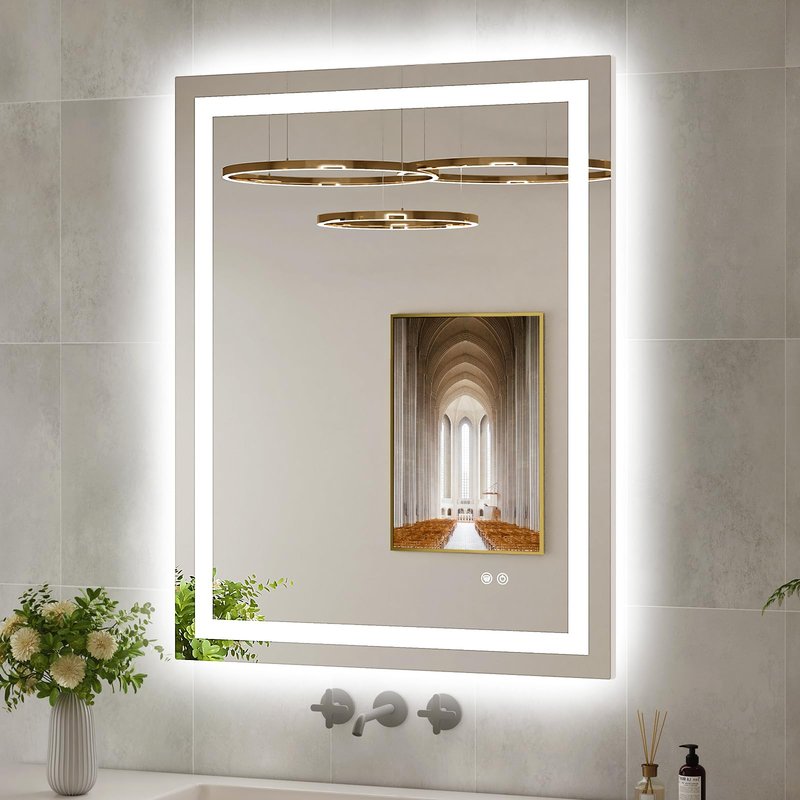 Oerbasz 28x36 LED Bathroom Mirror with Lights, Brighter Backlit + Front Lit, Tempered Glass, Dimmable, Multiple Light Modes, Anti-Fog Lighted Bathroom Vanity Mirror for Wall, Memory Function
