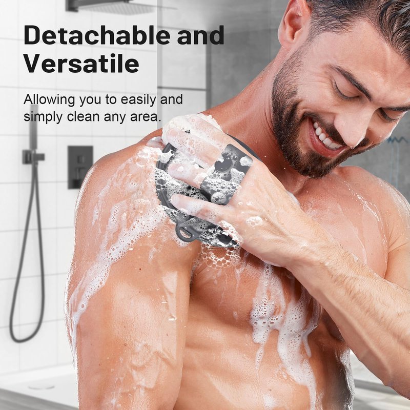 Silicone Back Scrubber for Shower - 16'' Detachable Long Handle Exfoliating Brush, 2025 Upgrade Loop Fin Bristles Body Brush, Deep Cleansing for All Skin, Back Washer for Men and Women (Black)