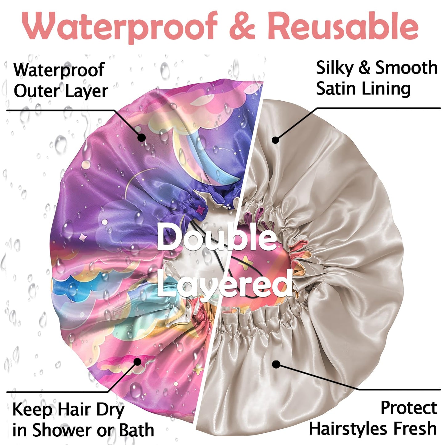 Cabreche Luxury Shower Cap Satin Silk Lined Adjustable Elastic Reusable Waterproof Shower Bath Cap Cute for Women Girls-Pink Cloud