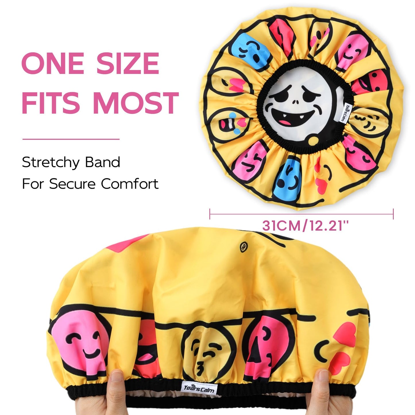 Years Calm Waterproof Shower Cap for Women - Double Sided Design for Long Thick Hair, Secure Fit & Flexible Elastic Band, Reusable Bath Cap for Shower, Spa, Travel (Mood Switch 6)