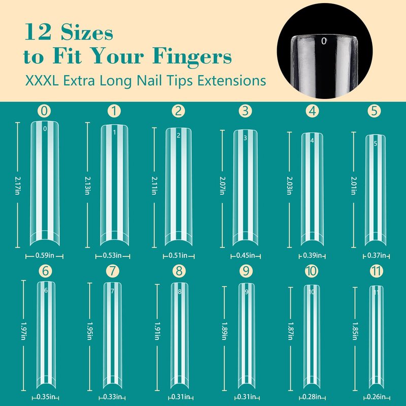 504PCS 3XL Tapered Square Nail Tips, No C Curve Flat Half Cover Extra Long False Nail Tips Fake Nail Extension for Nail Salon Home DIY,12 Sizes