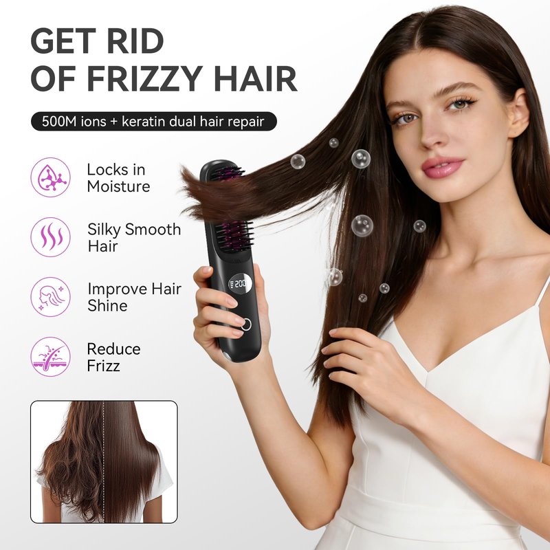 Go Brush Pro 2026 Negative Ionic Cordless Hair Straightener Brush Fast Heating Ceramic Brush for Women Portable Straightener Brush Smooth Frizz Free Hair Brush CP-S8