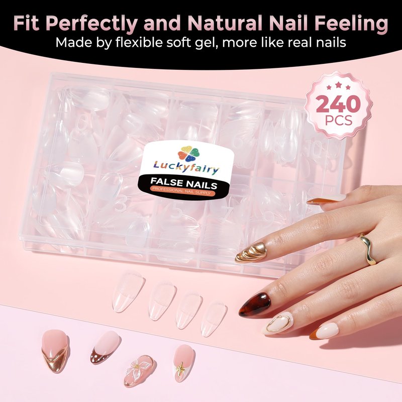 Almond Nail Tips: 240pcs Pointed Almond Soft Gel Nail Tips, Pre-shape Short Nails, Half Matte Full Cover Clear Acrylic Fake Press On Nails for Nail Extension Home Nail Art 12 Sizes Gelly Tips