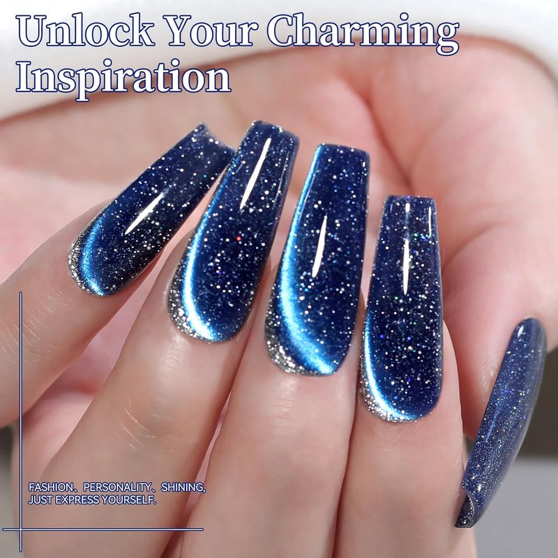 Born Pretty Galaxy Glitter Blue Crystal Cat Magnetic Eye Gel Nail Polish,Reflective Blue Glitter Sparkly Shiny Disco DJ Magnetic Gel Polish for Party,Holiday & Vacation Travel,15ML