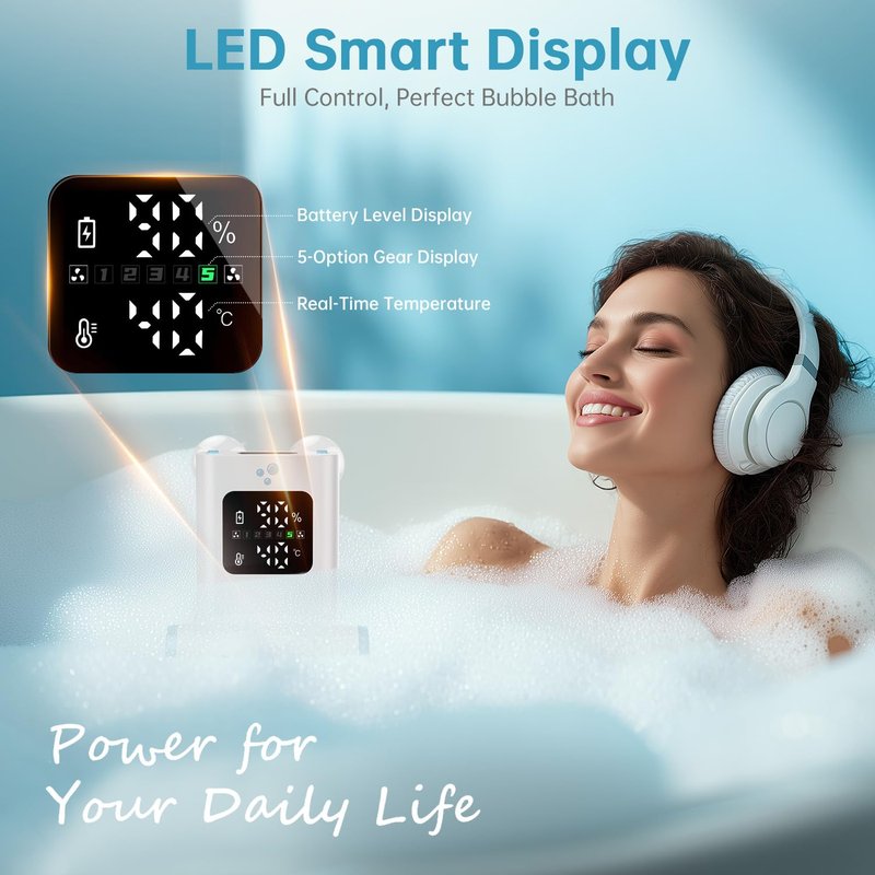 Bath Jets for Tub, TAREIDEW Dual Outlet Bathtub Jet Spa, Jet & Bubble Modes, 13000mAh Rechargeable Bath Jet with Loofah, 5-Speed Adjustable, IPX8 Waterproof, Home Spa Relaxation Gift, White/Blue